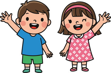 Cute cartoon boy and girl waving happily, smiling children standing together, adorable kid illustration perfect for education, greeting, childhood, animation, and character themes