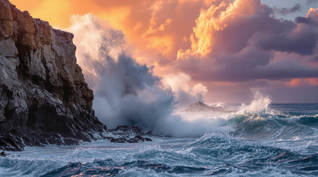 Powerful ocean wave crashing against dramatic rocky cliff during stormy sunset with turquoise water and golden sky