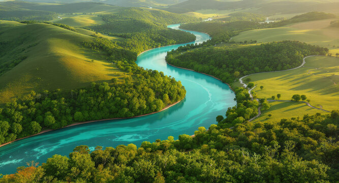 Aerial view winding river through lush green valley landscape with rolling hill forest meadow water