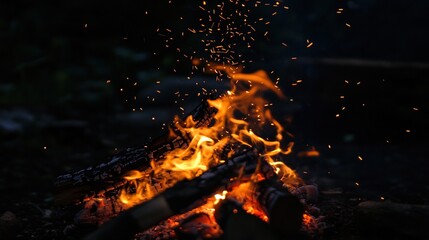 coruscation. Orange sparks rising from a campfire against a dark night sky, with glowing embers and motion trails. lifestyle magazines.