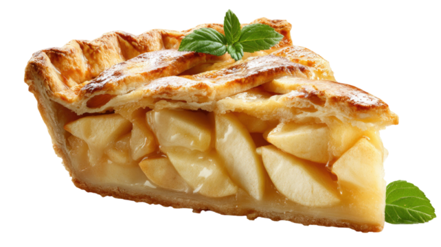  Slice of delicious apple pie with golden crust and fresh fruit filling perfect for dessert, baking, and culinary presentations isolated on white background