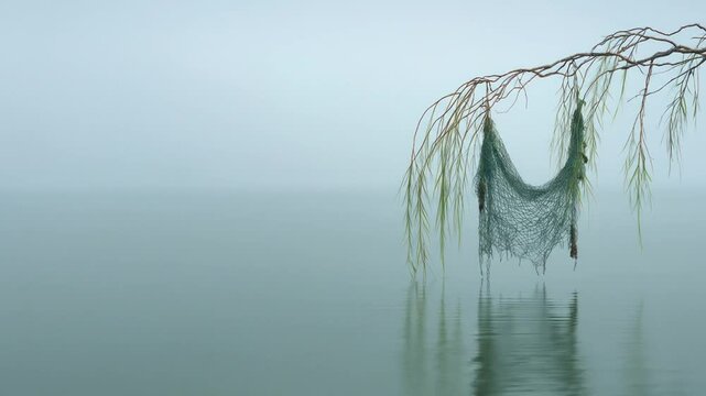 Serene image of a fishing net hanging from a branch over a tranquil body of water