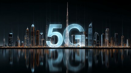 Futuristic city skyline illuminated by 5G technology, showcasing modern architecture.