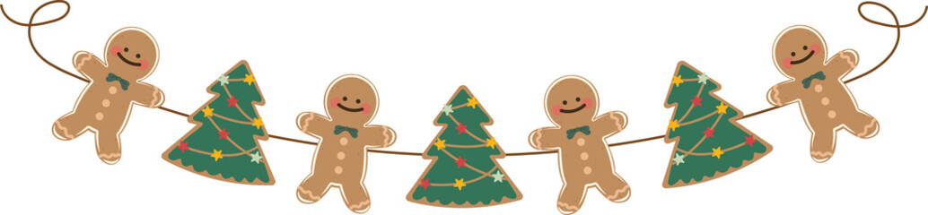 Cute Christmas decoration with hanging Gingerbread Cookies style. illustrations for greeting card, party seasonal.