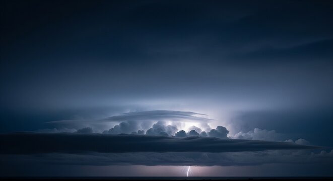 Dramatic night storm clouds with faint lightning glow
