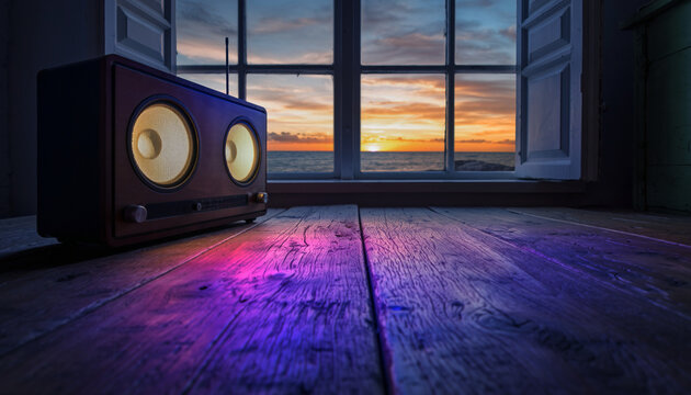 Vintage radio tunes into a breathtaking sunset view, creating a cozy ambience, a reminder of simpler times, and a moment of tranquil escapism