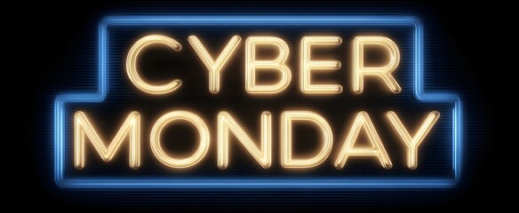 Glowing Cyber Monday text shines against a dark futuristic tech-inspired background.