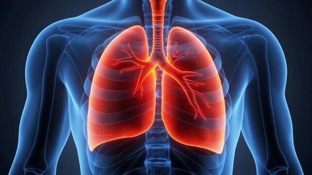 Anatomical illustration of the human respiratory system, highlighting the lungs within the chest cavity.