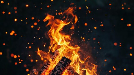 coruscation. Orange sparks rising from a campfire against a dark night sky, with glowing embers and motion trails. lifestyle magazines.