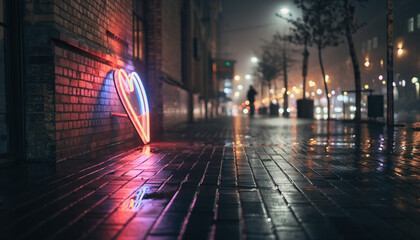 Neon heart glows warmly against brick wall on misty city night, romantic urban scene evoking love and connection, perfect for Valentine's or relationship themes