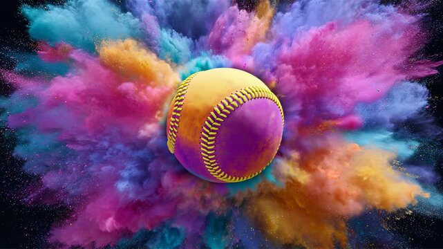 Vibrant baseball ball exploding in cloud of bright powder paint with colorful dust burst on dark background