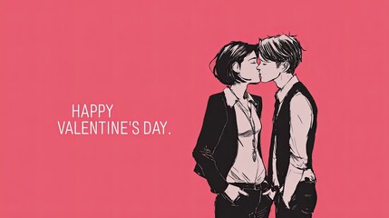 Happy Valentines Day romantic couple kiss illustration on pink background minimal modern love art design