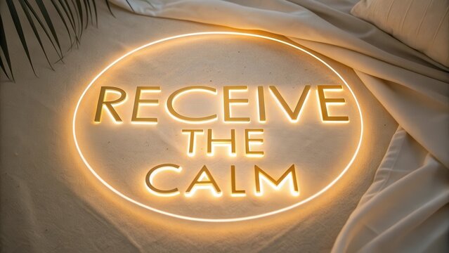 Glowing Neon Sign Saying Receive the Calm on a Beige Surface