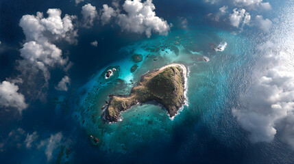 Island Aerial View with Bright Waters and White Cloud Shadows
