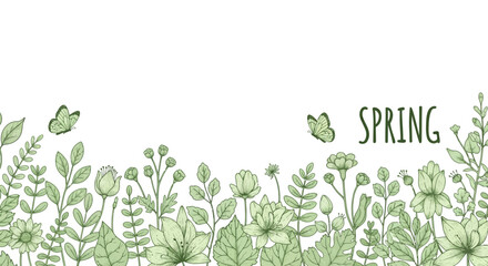 green leaves drawing of a spring meadow with various flowers and butterflies, creating a serene and airy natural border.