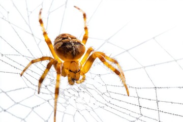 Obraz premium A golden spider skillfully constructs its delicate web, showcasing its vibrant colors. The bright orange backdrop emphasizes the artistry of nature's design in this serene moment