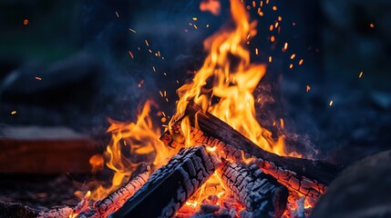 coruscation. Orange sparks rising from a campfire against a dark night sky, with glowing embers and motion trails. lifestyle magazines.