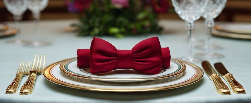 Statement bow napkins gracefully positioned on a sophisticated and polished dining table setting