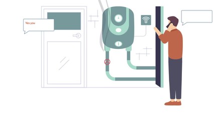 plumber repairing iot water heater while homeowner explains issue animation, Technician Adjusting Inspecting smart Geyser animated video, plumbing worker clip, Handyman Services HVAC motion graphics