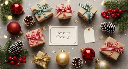 Seasonal greeting card with wrapped Christmas gifts, festive ribbon bows, winter holiday flat lay composition, cozy celebration, decorative present arrangement.

