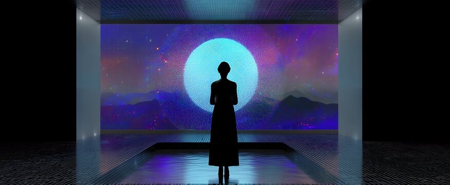 A futuristic gallery evokes wonder showcasing immersive nft artwork on blockchain technology