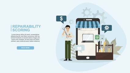 Repairability Scoring and Online Tool Shop. Digital repairability scoring and appliance maintenance. large smartphone store, repair kit, and tool/evaluation icons. Flat style. Vector illustration