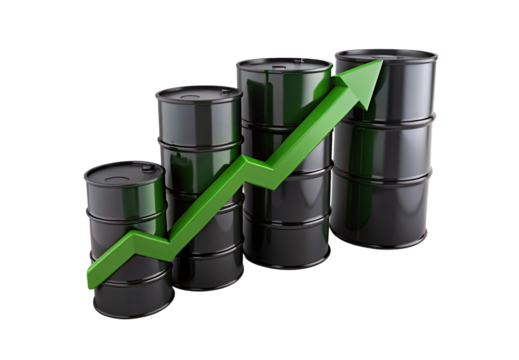 Oil barrels with green upward trending arrow, isolated on a transparent background