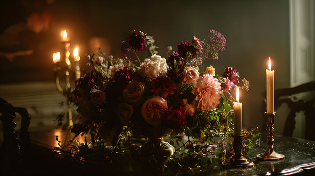 Floral centerpiece glowing by candlelight in a moody, dimly lit room - Powered by Adobe