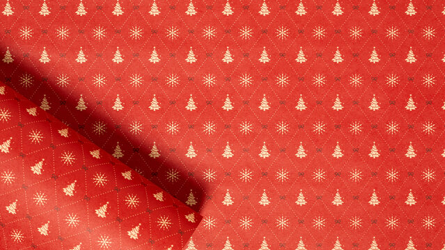 Red Christmas background with snowflakes and christmas trees,seamless pattern of christmas trees and snowflakes on red background,Christmas wrapping paper, Xmas pattern with ornaments.