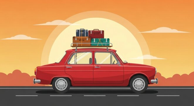 Vintage red car loaded with luggage under sunset sky for an adventure journey