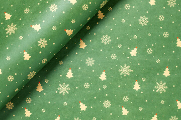 Green Christmas background with snowflakes and christmas trees,seamless pattern of christmas trees and snowflakes on green background,Christmas wrapping paper, Xmas pattern with ornaments.
