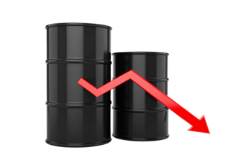 Two oil barrels with red declining arrow, isolated on a transparent background