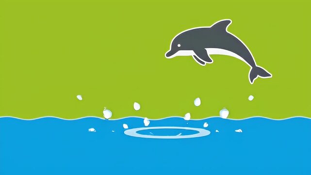 Two animated dolphins jumping and playing in blue water with a green background