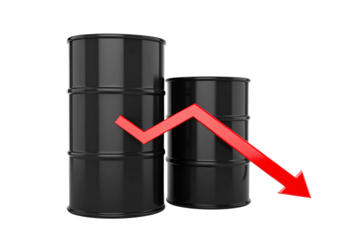 Two oil barrels with red declining arrow, isolated on a transparent background