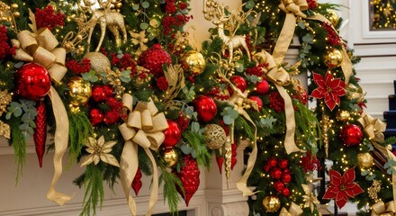 Luxurious Christmas floral arrangement with red poinsettias, gold ornaments, evergreen foliage, holiday centerpiece decor, festive winter celebration, elegant seasonal styling.
