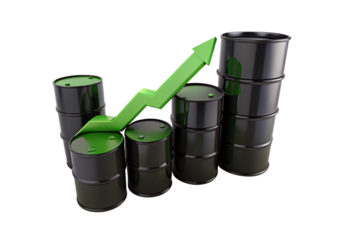Black oil barrels arranged with green growth arrow, isolated on a transparent background