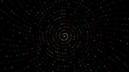 黒背景に広がるカラフルなドットの螺旋と抽象的なパーティクル