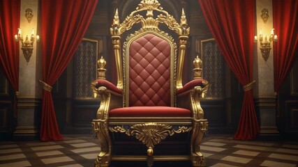 Ornate royal golden throne with red cushion against draped curtains and sconce lighting in a regal palace hall