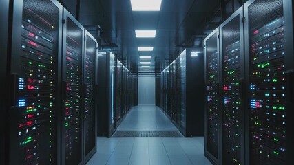 Modern data center room filled with server racks emitting colored lights to illustrate big data processing and information technology. - Powered by Adobe