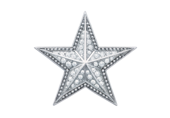 Diamond-encrusted five-pointed star jewelry piece in white gold setting, isolated on a transparent background