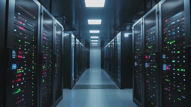 Modern data center room filled with server racks emitting colored lights to illustrate big data processing and information technology. - Powered by Adobe