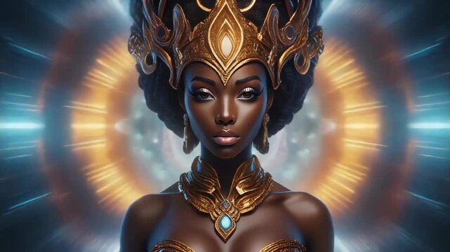 Elegant woman with dark skin wearing ornate golden crown, collar, and earrings against a blurred abstract colorful light background.