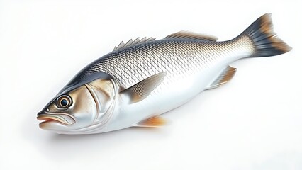Fototapeta premium seabass. Fresh sea bass displayed on a white surface, highlighting detailed scales and texture under even lighting. menu design.