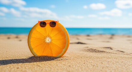 Slice of Orange at the Beach with Sunglasses enjoying sunny day vacation