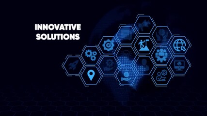 Innovative Solutions Hexagon Icons Network on Dark Blue Background innovation ideas