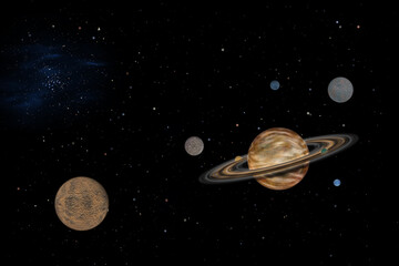 Artist's concept / illustration: Distant solar system with ringed planet, seven orbiting moons and star cluster.