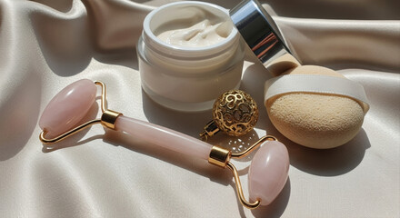 Facial roller beside open skincare product on silk cloth. Gold ornament and beauty sponge completing the scene.  Christmas jade facial roller, skincare set on satin, elegant