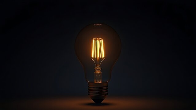 subduers. A glowing lightbulb with visible filament, centered in a dark studio setting. product launch decks, UI/UX mockups, designed for product launches and innovation pitches.