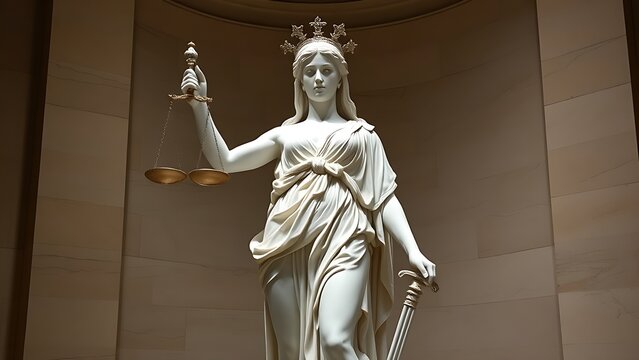 themis. A majestic marble statue holding scales and a sword, embodying justice and classical artistry in a solemn setting. event programs.