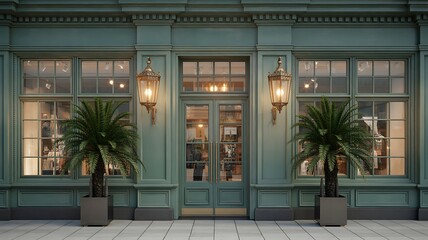 Elegant building facade with vintage lanterns potted palm trees flank the entrance creating a sophisticated urban scene
